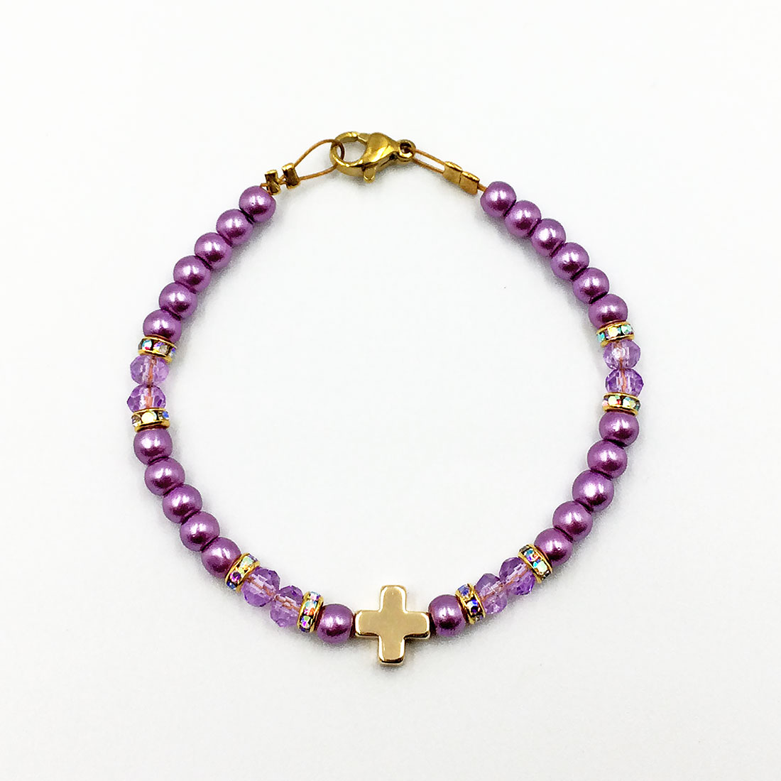 Βραχιόλι με μωβ πέρλες και σταυρό