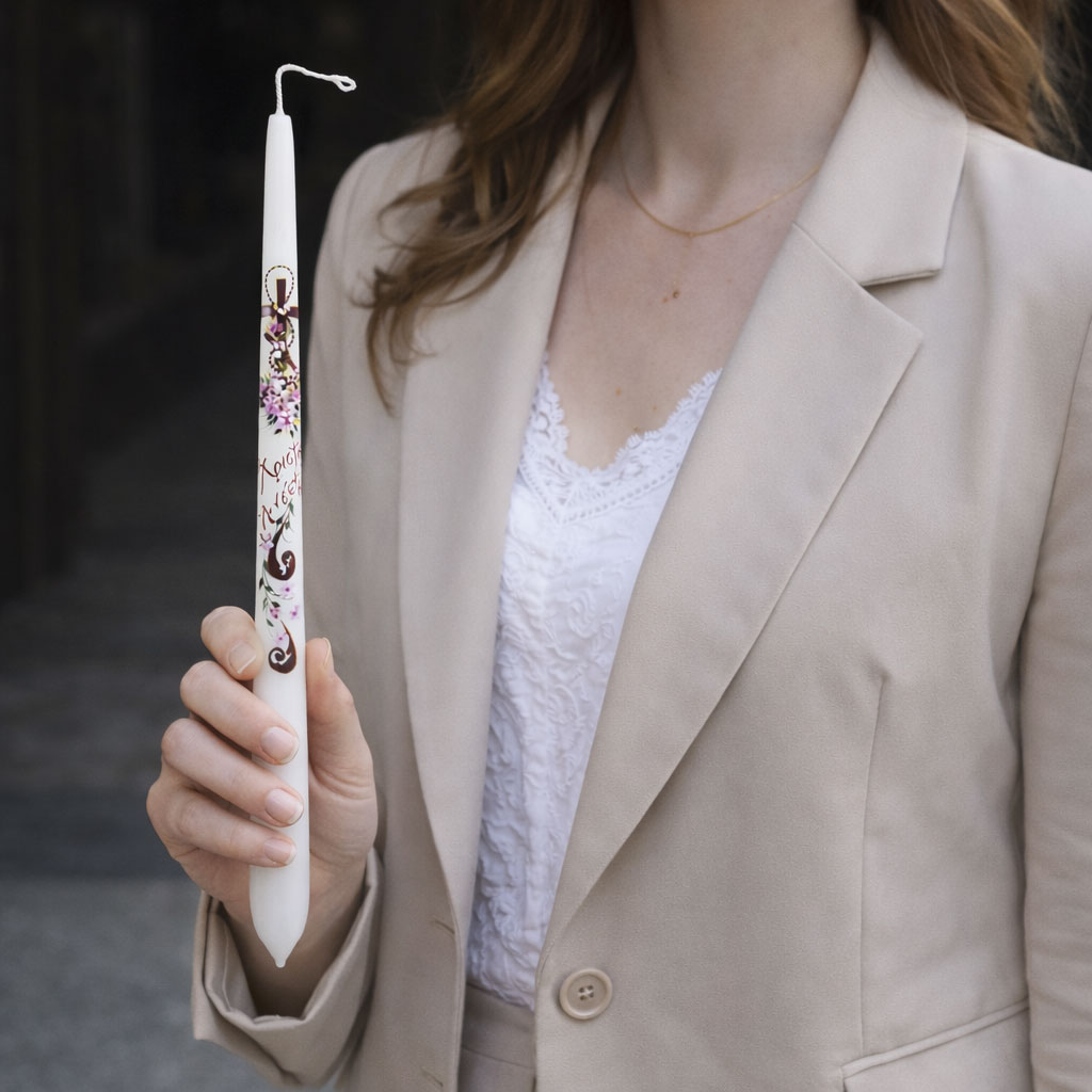 Πασχαλινή λαμπάδα με Σταυρό και λουλούδια