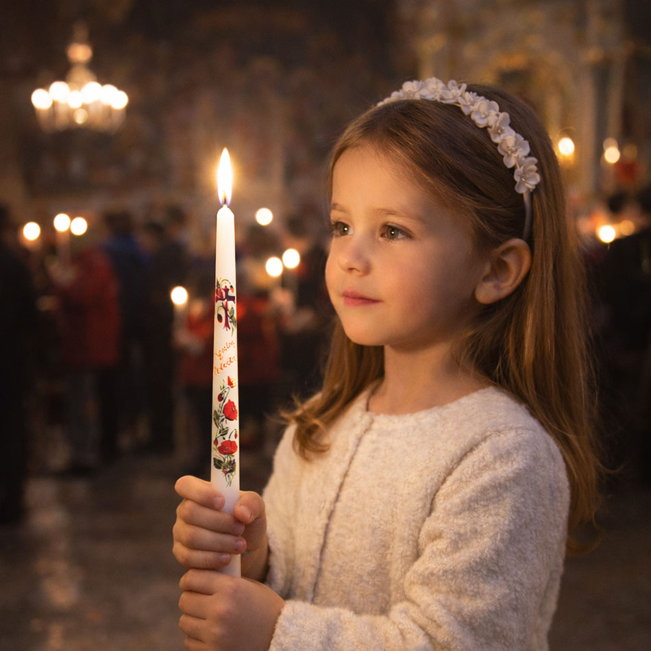 Πασχαλινή λευκή λαμπάδα με παπαρούνες