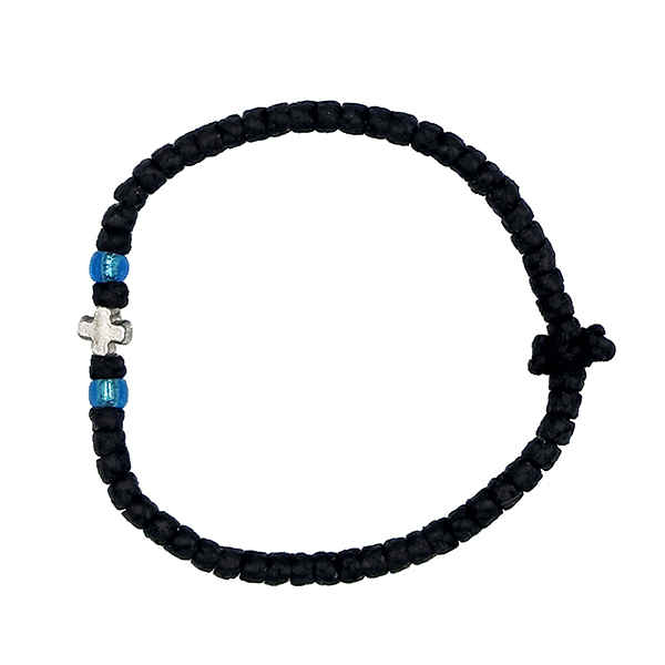 Κομβοσχοίνι χεριού μαύρο με μεταλλικό σταυρουδάκι και γαλάζιες χάντρες